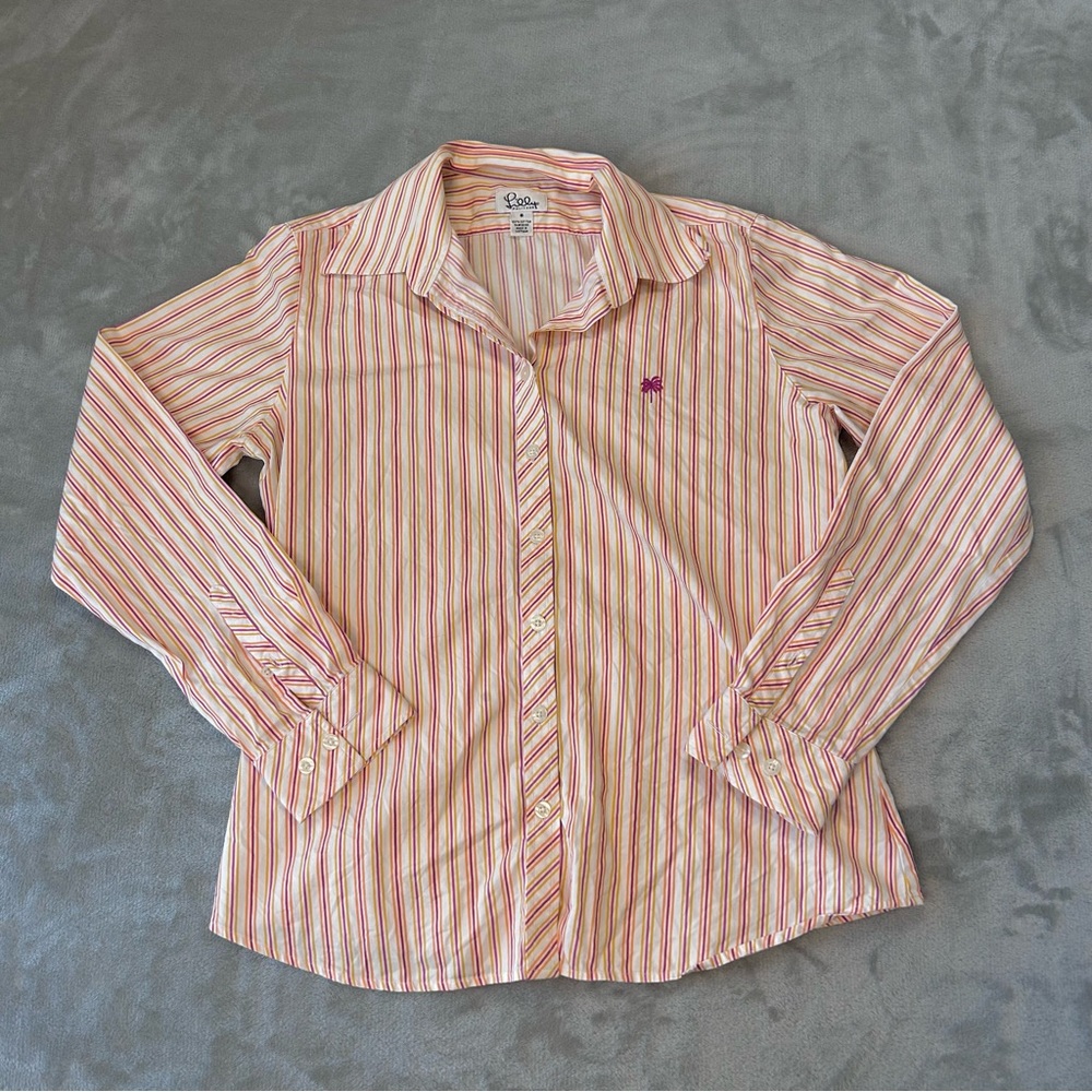 Lilly Pulitzer Striped Button Down Shirt Top Women's 8 Pink Orange Barbie Career